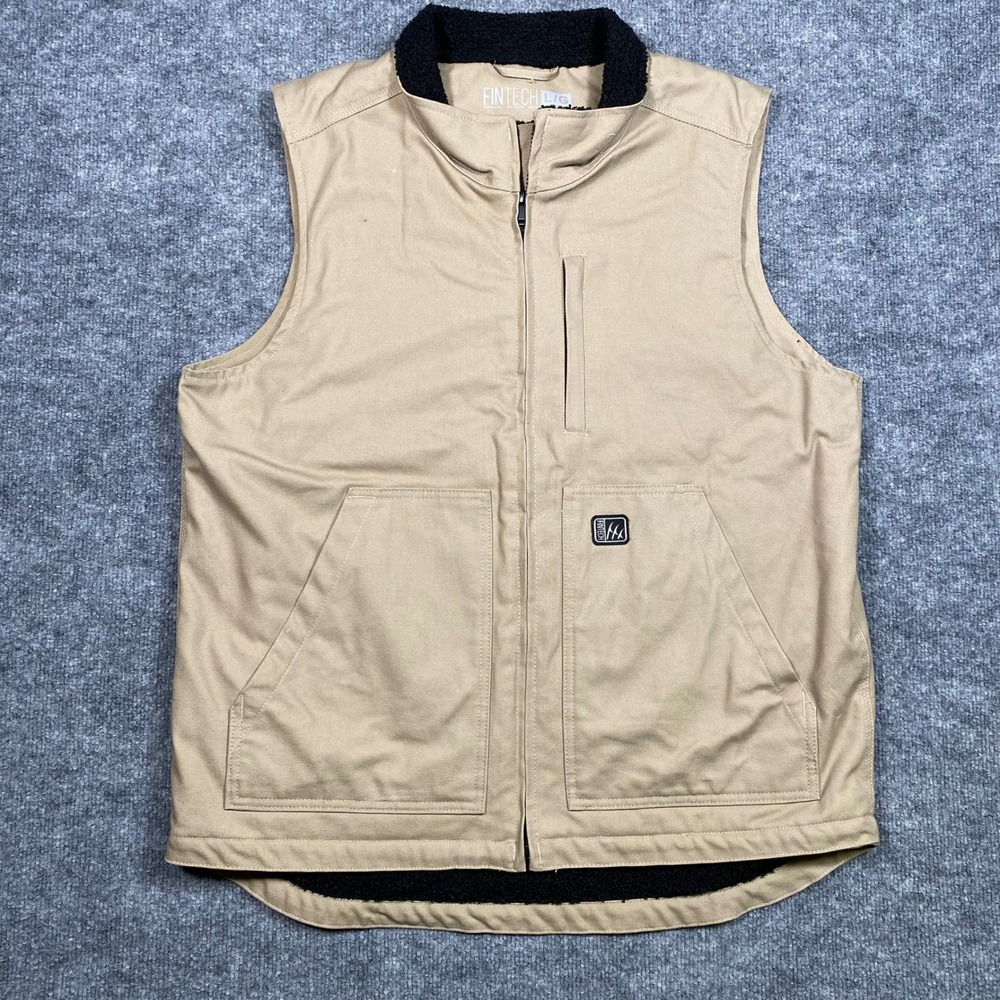 Fintech Mens Canvas Sherpa Lined Workwear Vest Tan Khaki‎ Large